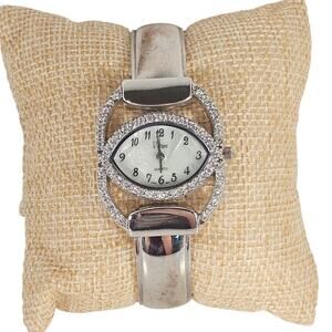 Women's Bangle Watch Silver Tone Oval Face Rhinestones 6.5" Fit Vivani Cuff